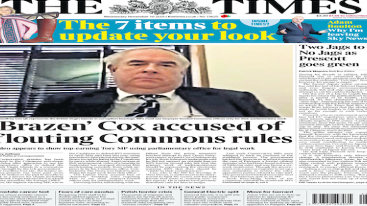 British Newspaper headlines MP accused of rule breach and Race to jab 100,000 NHS staff