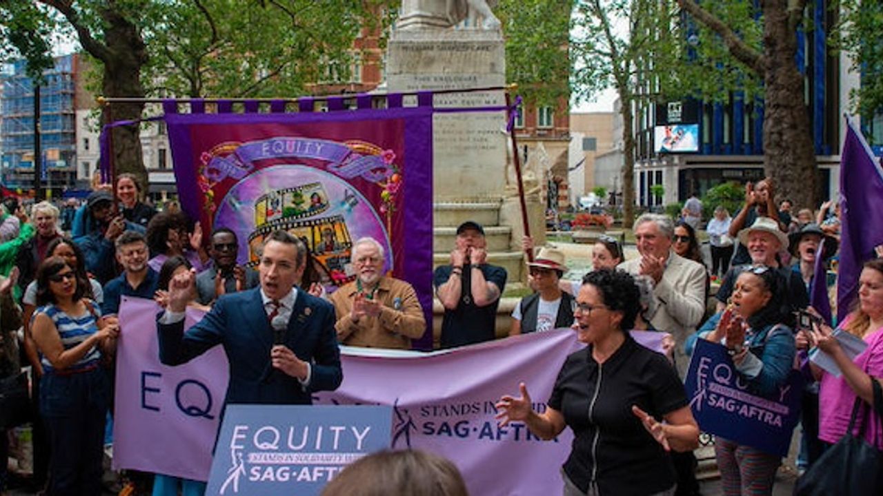Film and TV workers assembled at London’s Leicester Square in support of the SAG-AFTRA