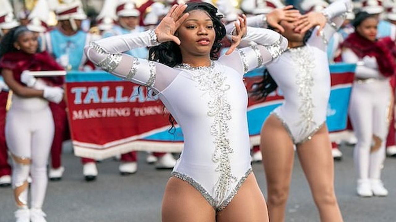 Cheerleader performers during the New Year's Day Parade in London this afternoon
