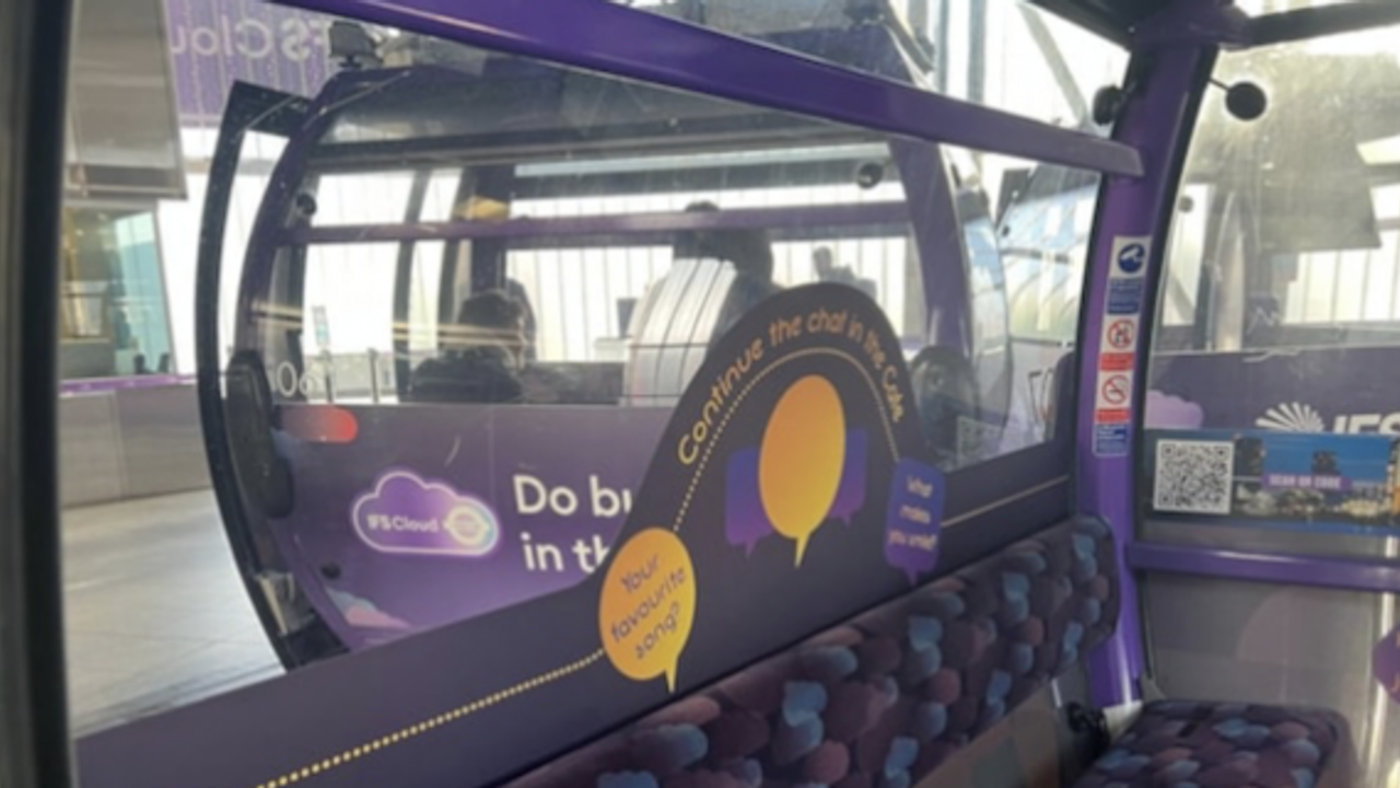 Several of the cabins on the IFS Cloud Cable Car have been wrapped as ‘Chatty Cabins’ to encourage Londoners