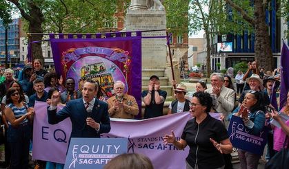 Film and TV workers assembled at London’s Leicester Square in support of the SAG-AFTRA